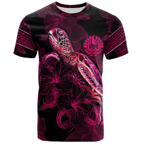 Tahiti T-Shirt Sea Turtle With Blooming Hibiscus Flowers Tribal Maroon
