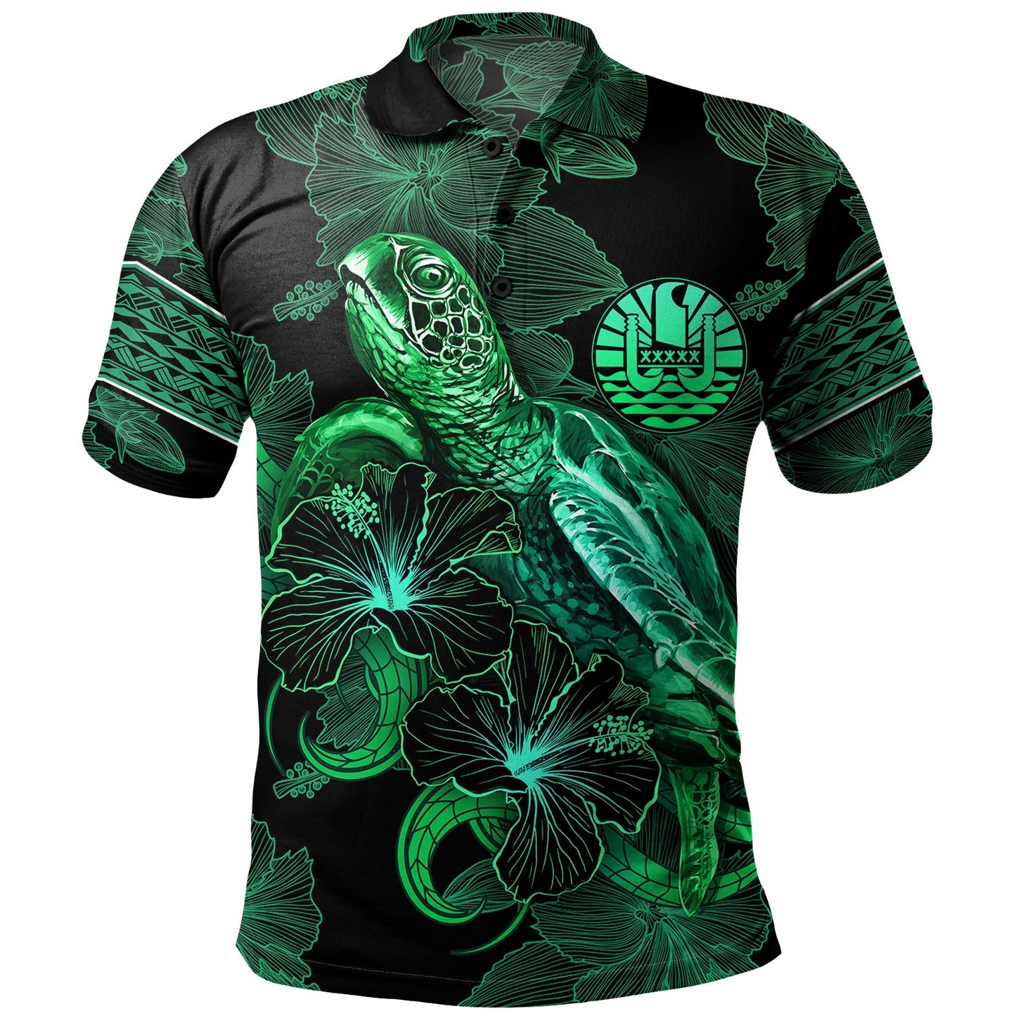 Tahiti Polo Shirt  Sea Turtle With Blooming Hibiscus Flowers Tribal Green