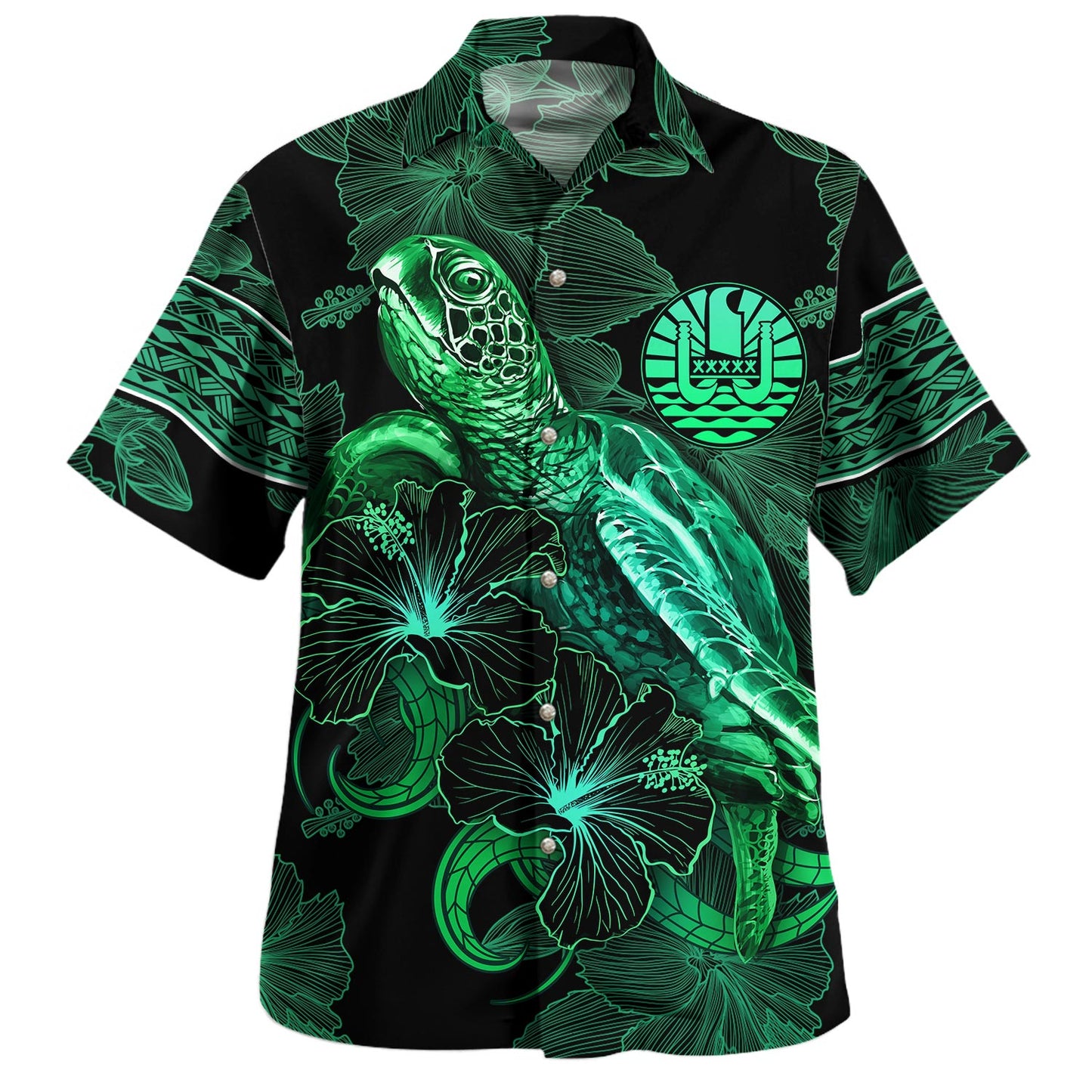 Gambier Islands Hawaiian Shirt  Sea Turtle With Blooming Hibiscus Flowers Tribal Green