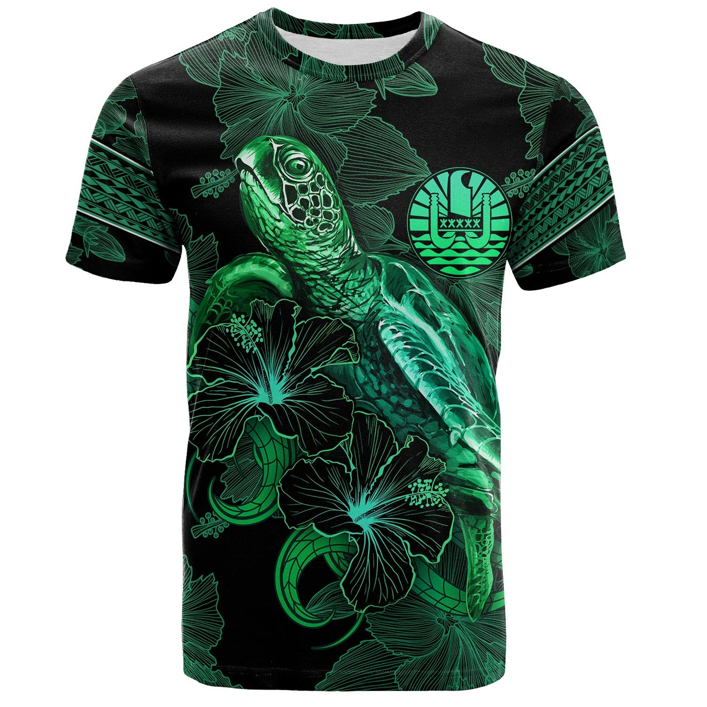Tahiti T-Shirt  Sea Turtle With Blooming Hibiscus Flowers Tribal Green