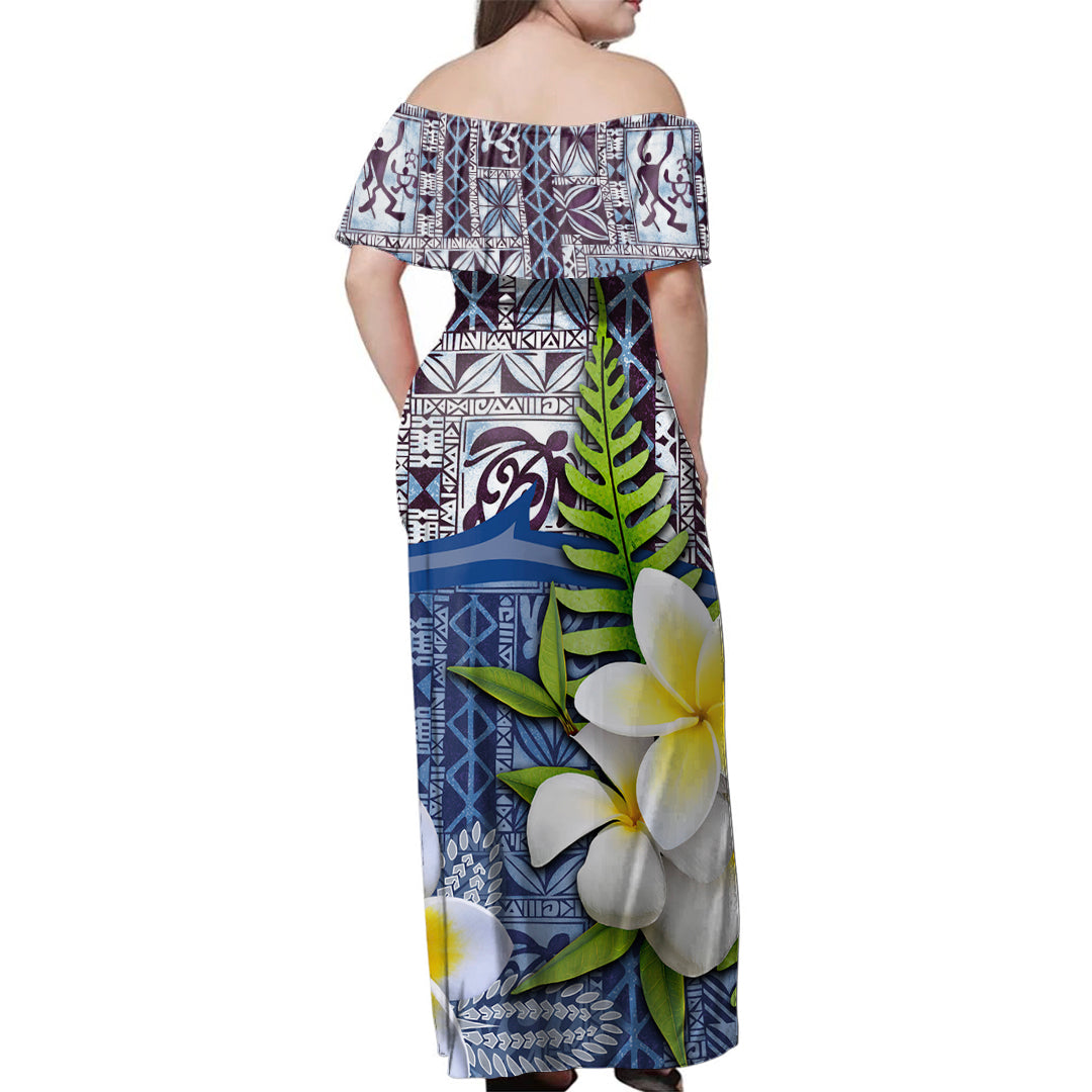 Fiji Woman Off Shoulder Long Dress Tapa Turtle Plumeria