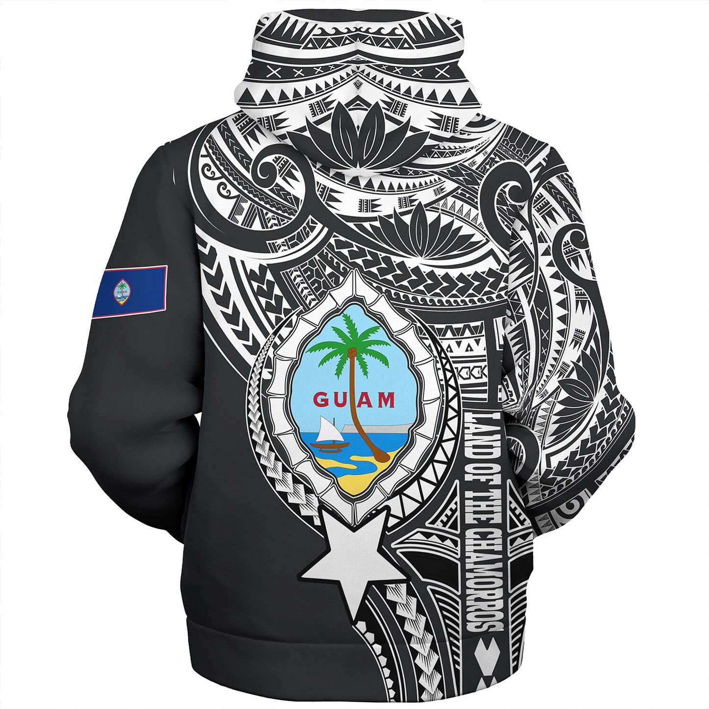 Guam Sherpa Hoodie Custom Guam Coat Of Arms Polynesian Half Body Tattoo Black Style