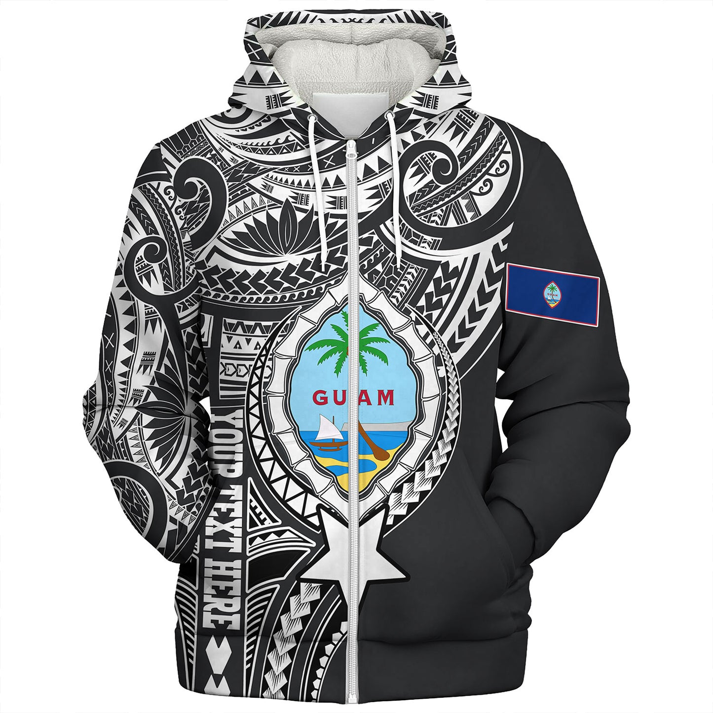 Guam Sherpa Hoodie Custom Guam Coat Of Arms Polynesian Half Body Tattoo Black Style