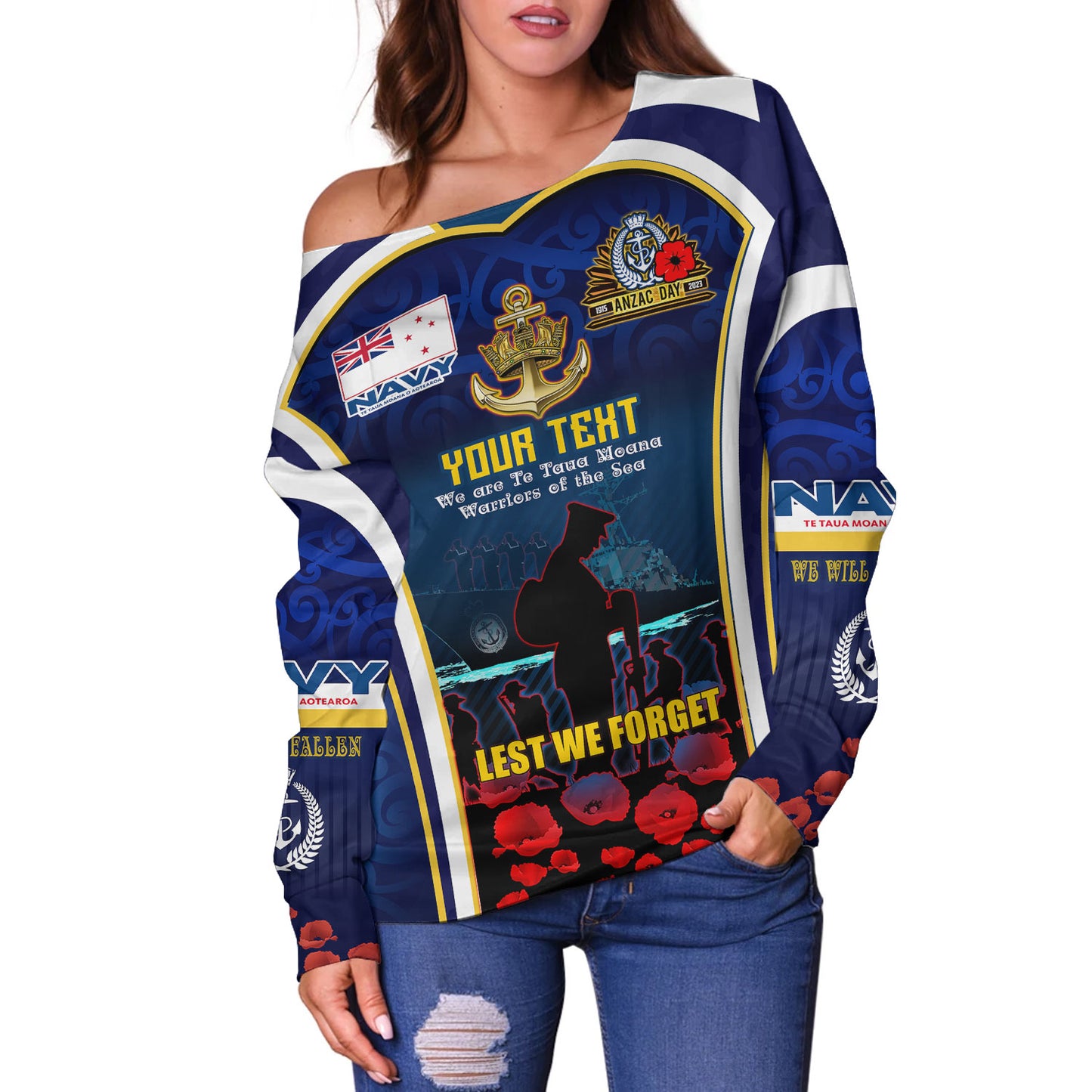 New Zealand Off Shoulder Sweatshirt Custom Anzac Day Royal New Zealand Navy Te Taua Moana o Aotearoa