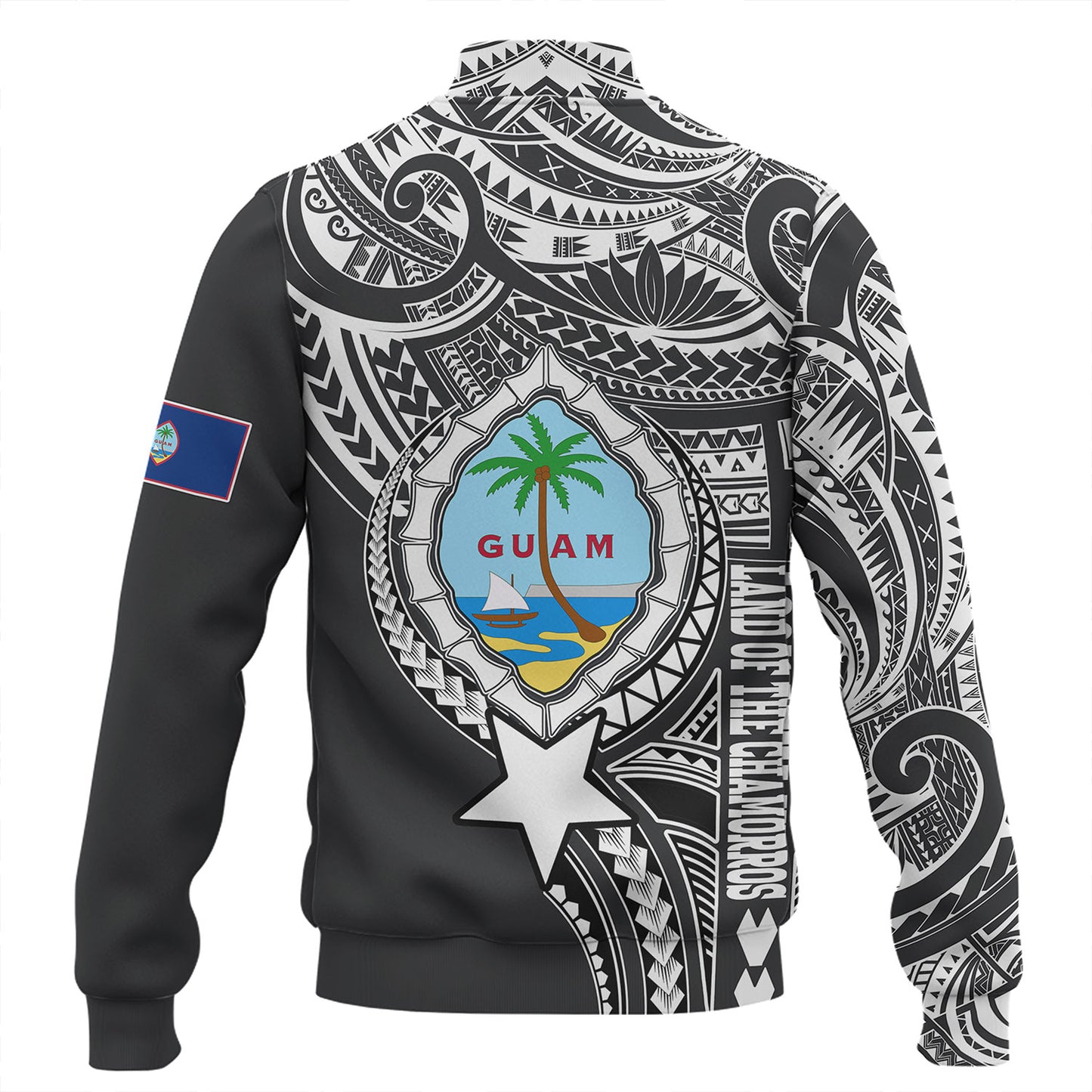 Guam Baseball Jacket Custom Guam Coat Of Arms Polynesian Half Body Tattoo Black Style