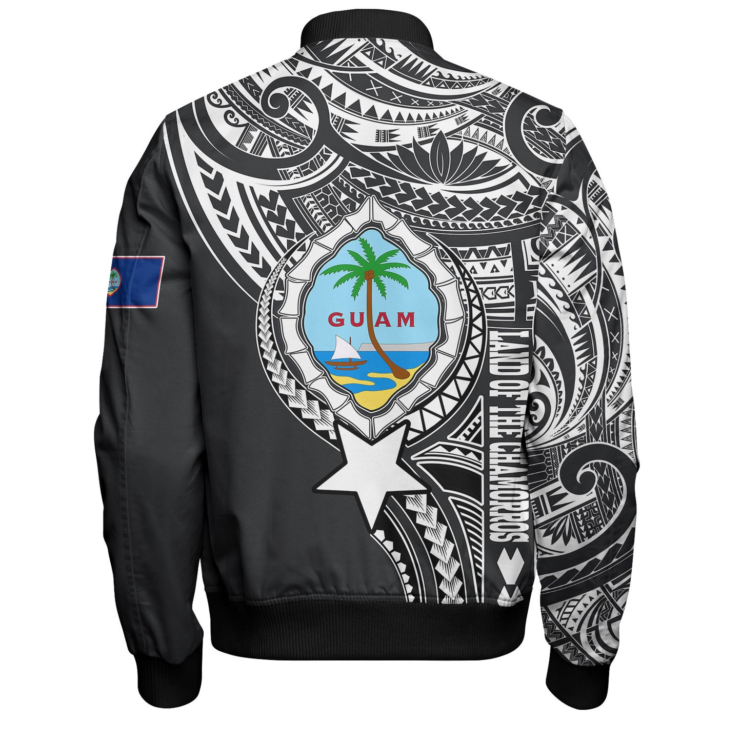 Guam Bomber Jacket Custom Guam Coat Of Arms Polynesian Half Body Tattoo Black Style