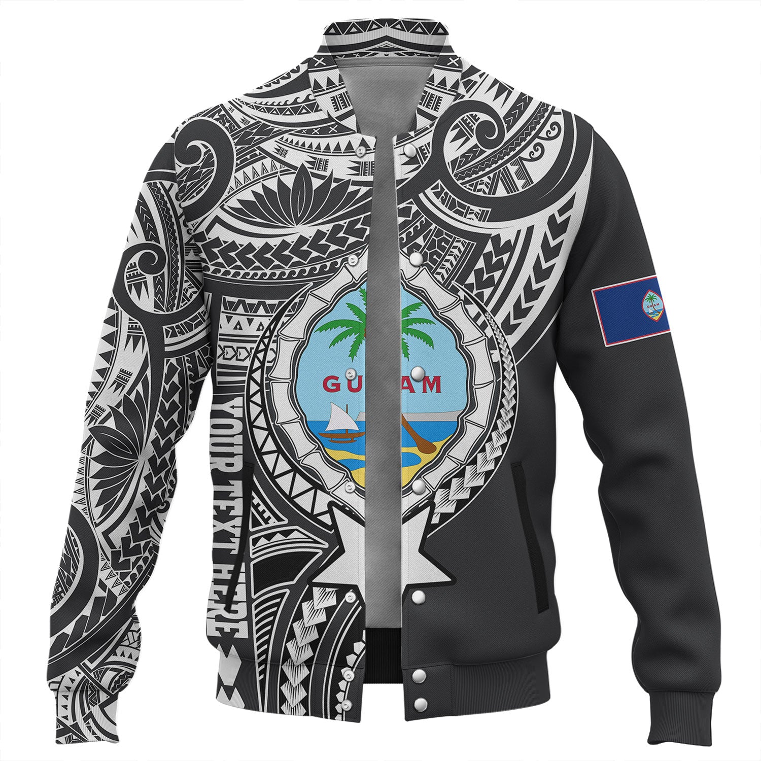 Guam Baseball Jacket Custom Guam Coat Of Arms Polynesian Half Body Tattoo Black Style
