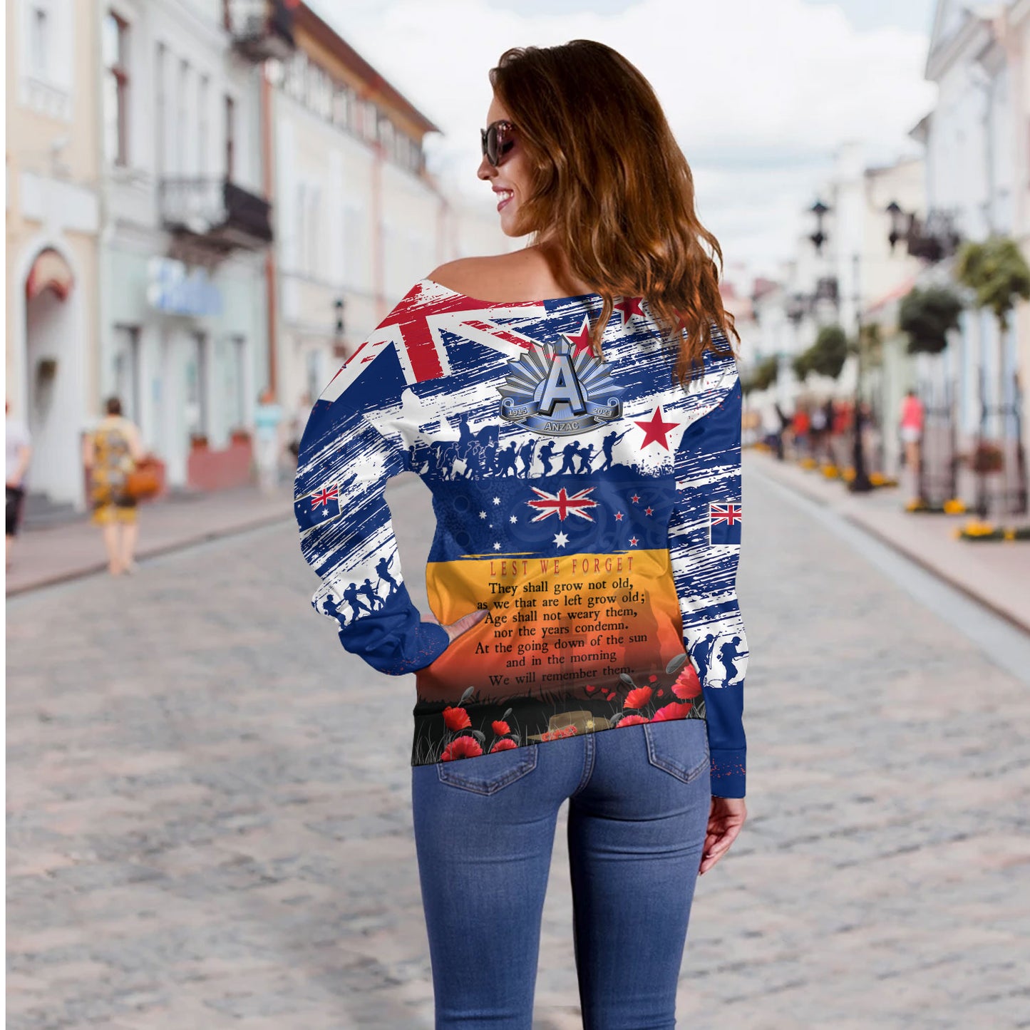 New Zealand Off Shoulder Sweatshirt New Zealand And Australian Army Corps ANZAC Day Commemoration