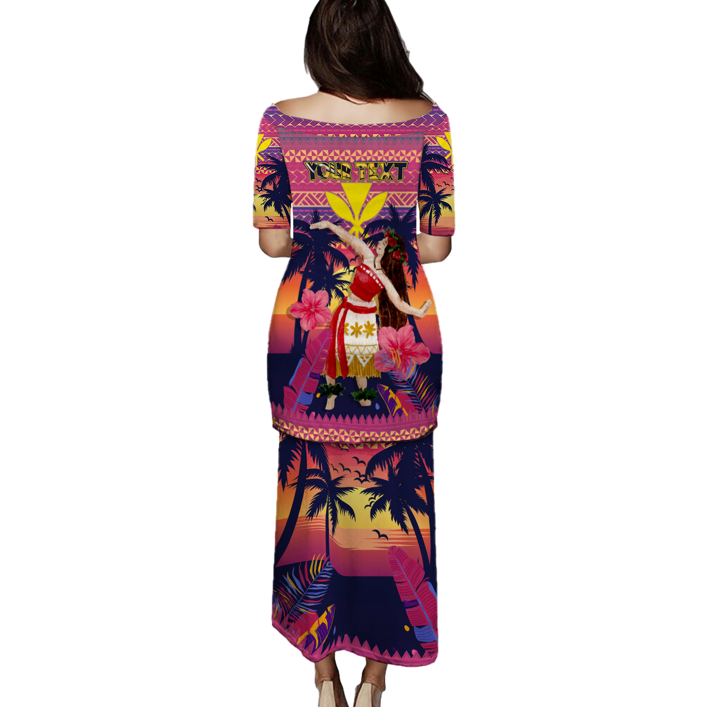 Hawaii Puletasi Custom Aloha Hula Girl Dancing In Tropical Palm Trees At Sunset Kakau Style