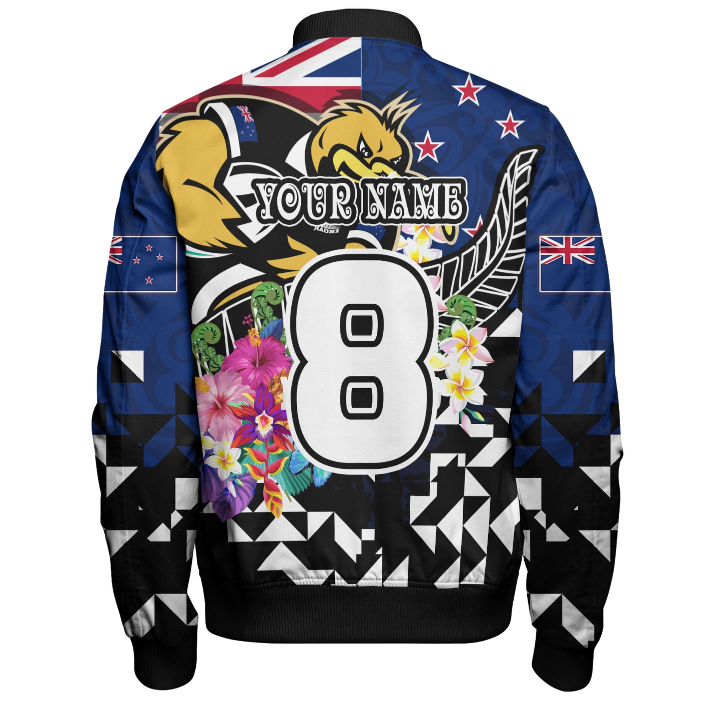 New Zealand Bomber Jacket Custom Maori Kiwis Rugby Silver Fern Black Hexagon Tropical Jersey