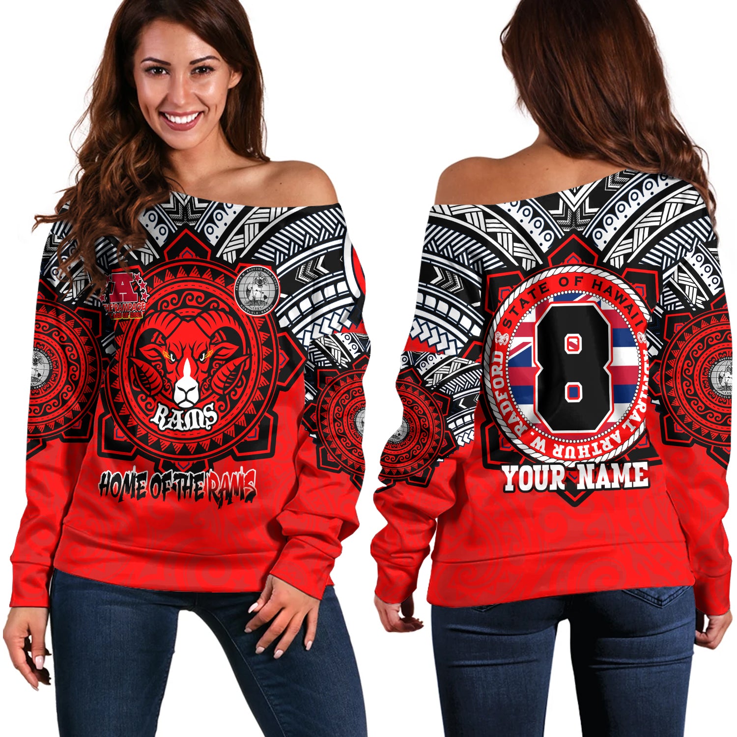 Hawaii Off Shoulder Sweatshirt Custom Radford High School Home Of The RamPage Tribal Style