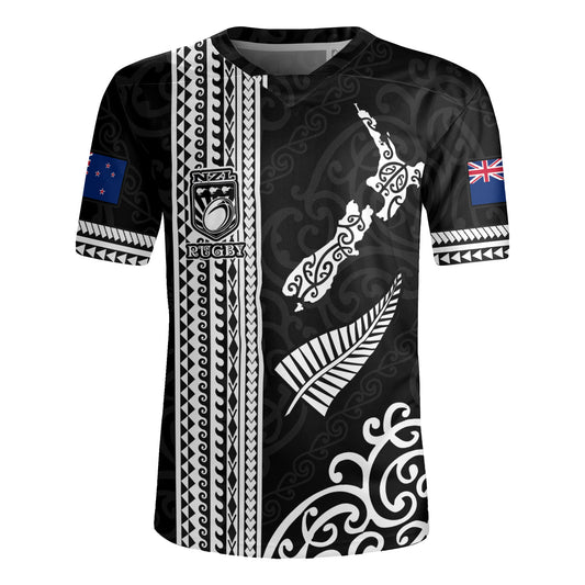 New Zealand Rugby Jersey Custom NZ Rugby Silver Fern And Map Maori Tribal Black Jersey