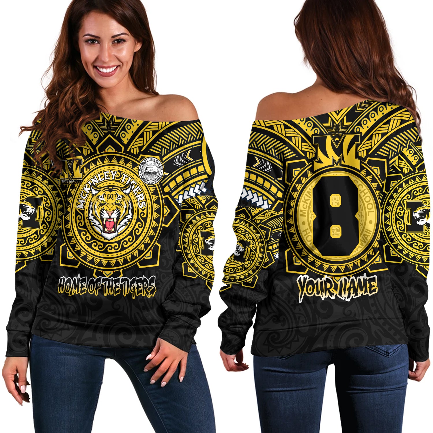 Hawaii Off Shoulder Sweatshirt Custom President William McKinley High School Black & Gold Super Tigers Tribal Style