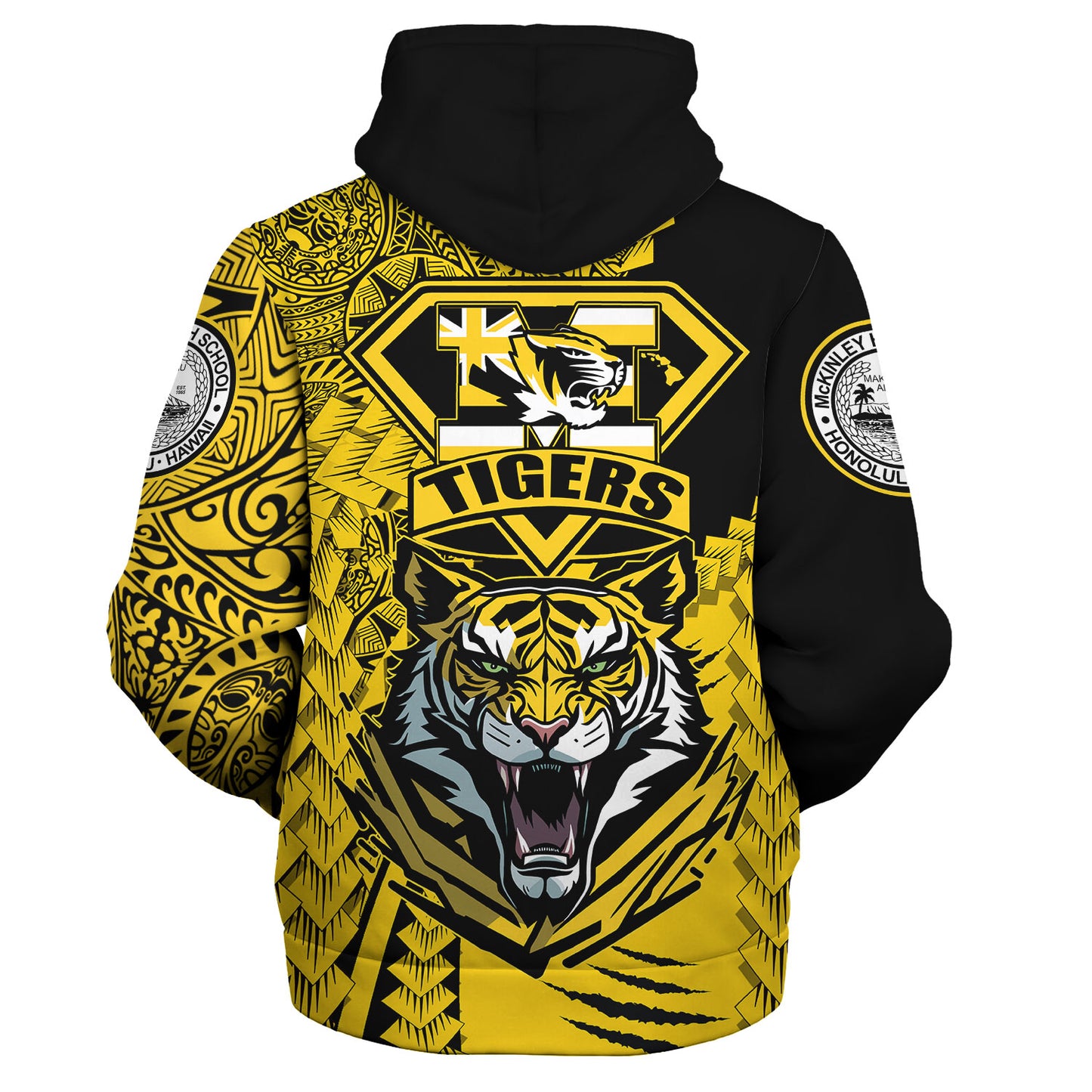 Hawaii Sherpa Hoodie Custom McKinley High School Tigers Black and Gold Polynesian Style