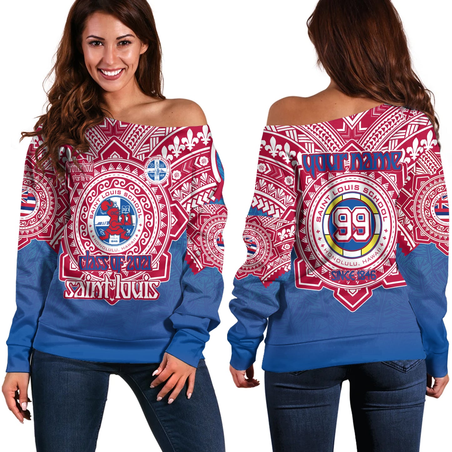 Hawaii Off Shoulder Sweatshirt Custom Saint Louis School Memor et Fidelis Brother Hood For Life Tribal Style