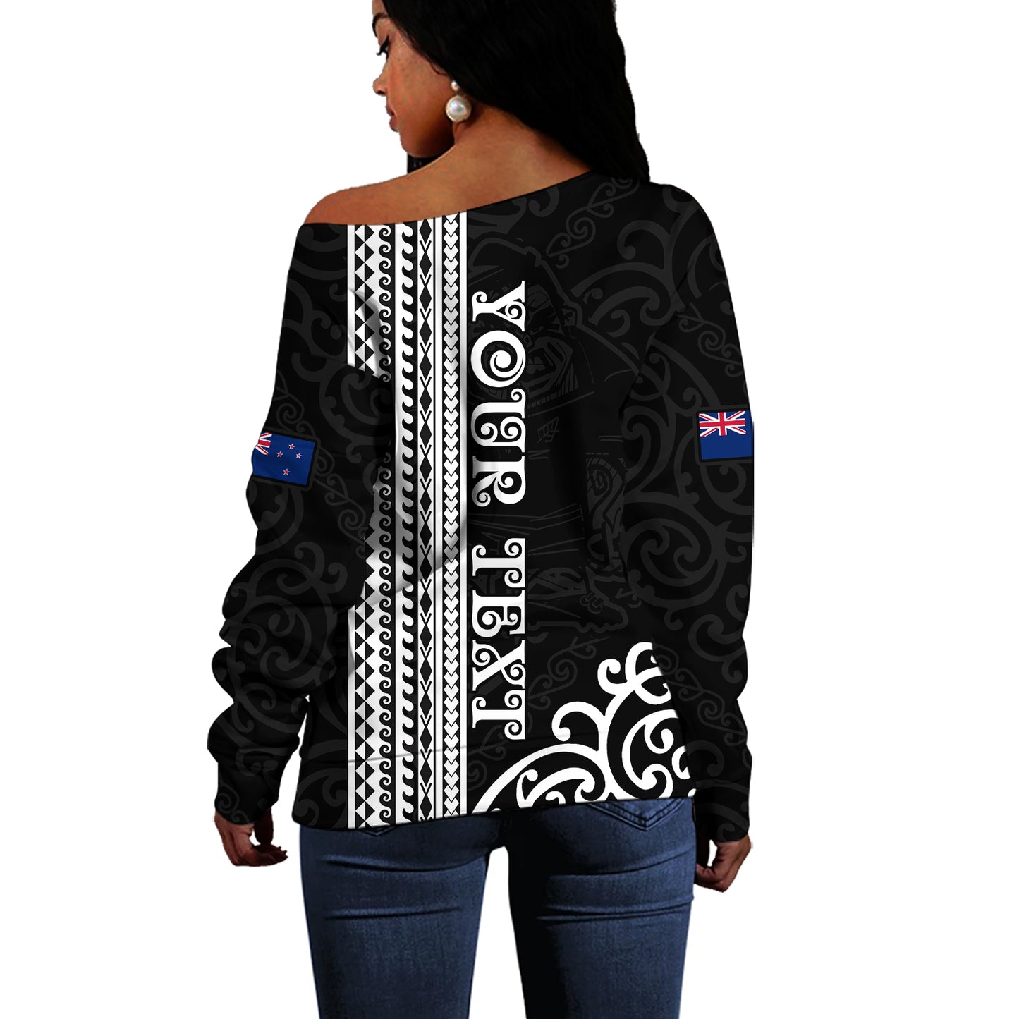 New Zealand Off Shoulder Sweatshirt Custom NZ Rugby Silver Fern And Map Maori Tribal Black Jersey