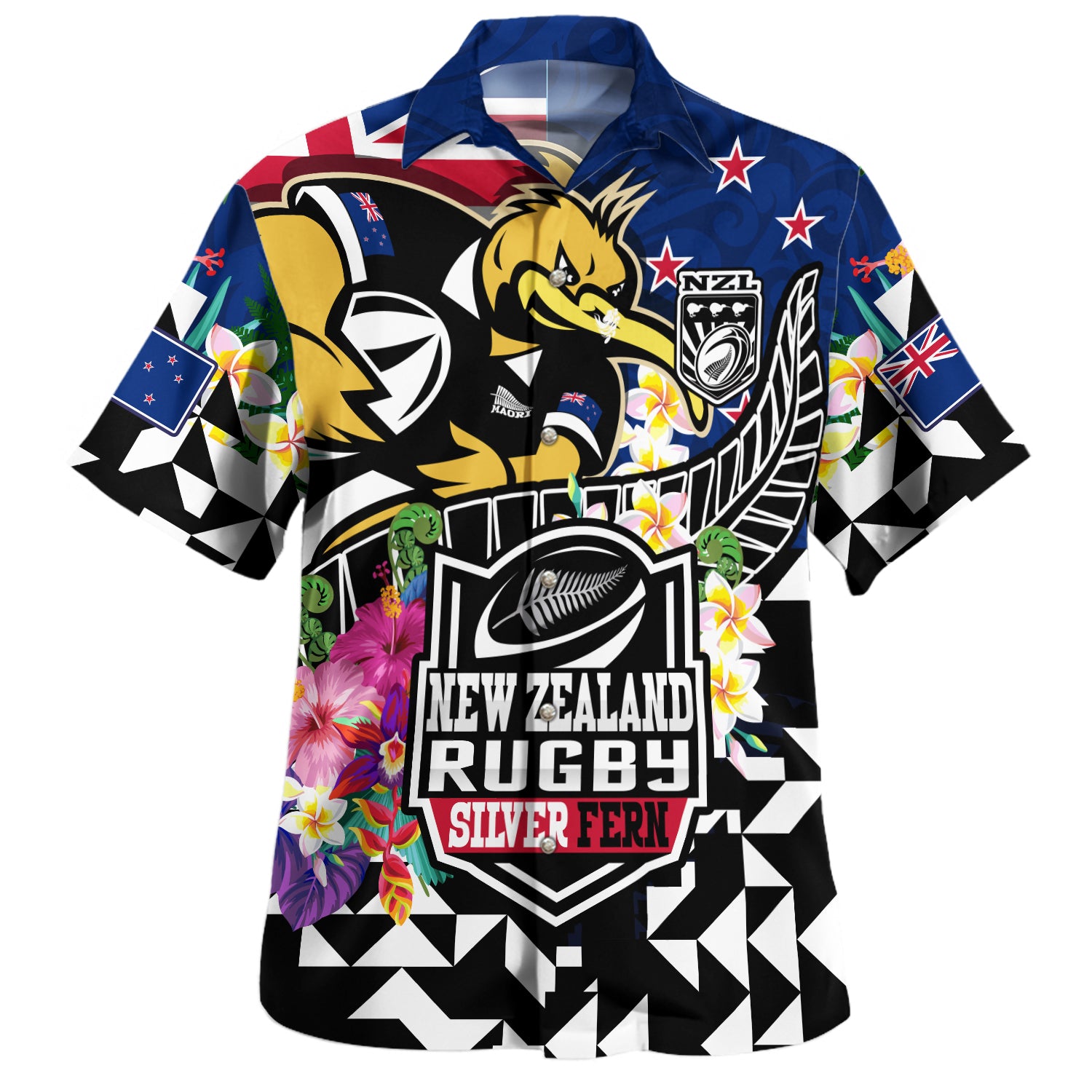New Zealand Hawaiian Shirt Custom Maori Kiwis Rugby Silver Fern Black Hexagon Tropical Jersey