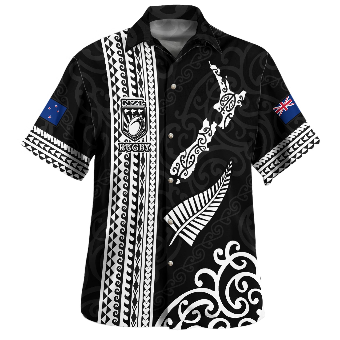 New Zealand Hawaiian Shirt Custom NZ Rugby Silver Fern And Map Maori Tribal Black Jersey
