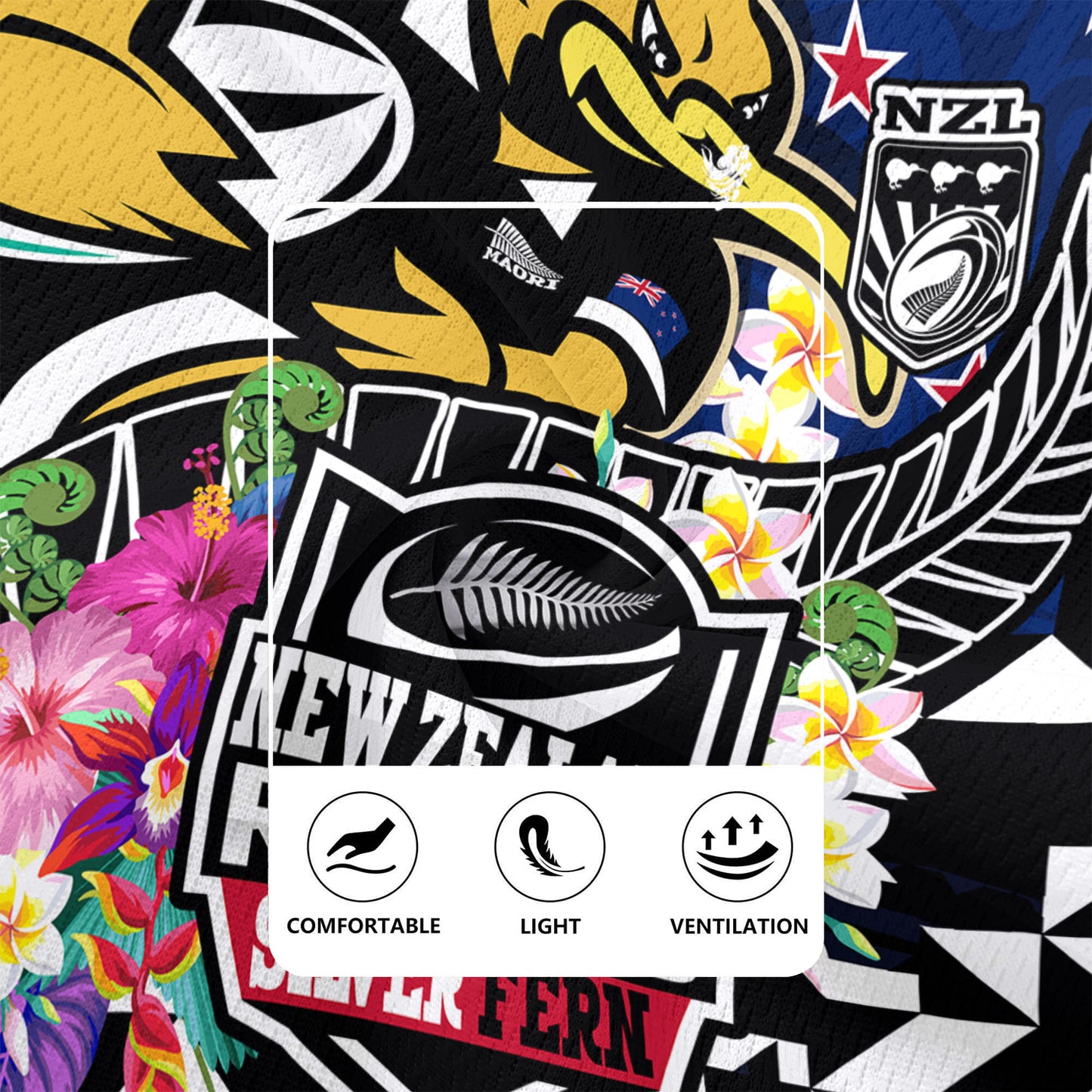 New Zealand Rugby Jersey Custom Maori Kiwis Rugby Silver Fern Black Hexagon Tropical Jersey