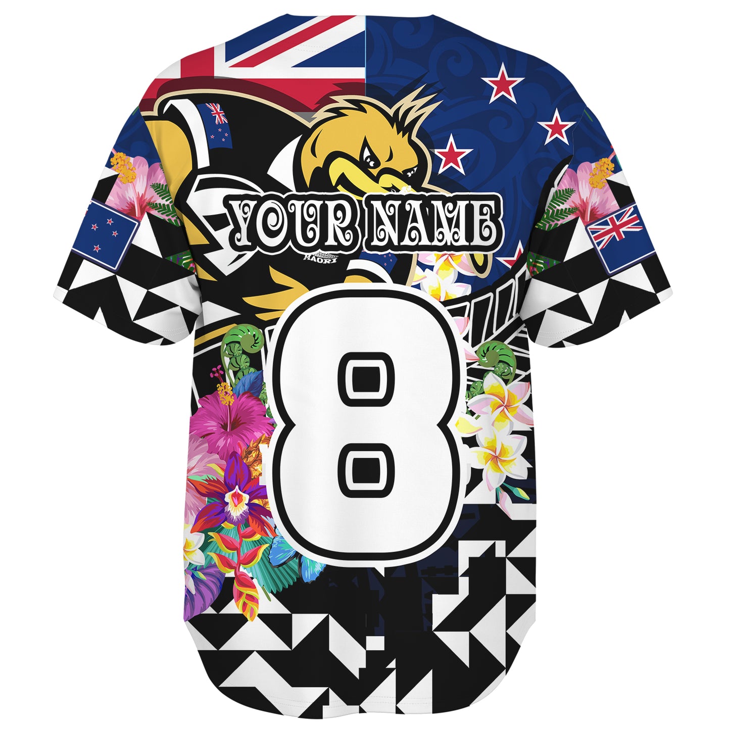New Zealand Baseball Shirt Custom Maori Kiwis Rugby Silver Fern Black Hexagon Tropical Jersey