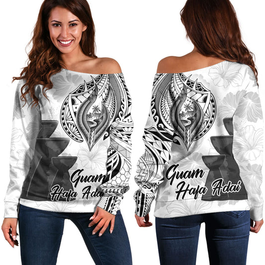 Guam Off Shoulder Sweatshirt Hafa Adai Guam Seal Half Sleeve Tattoo