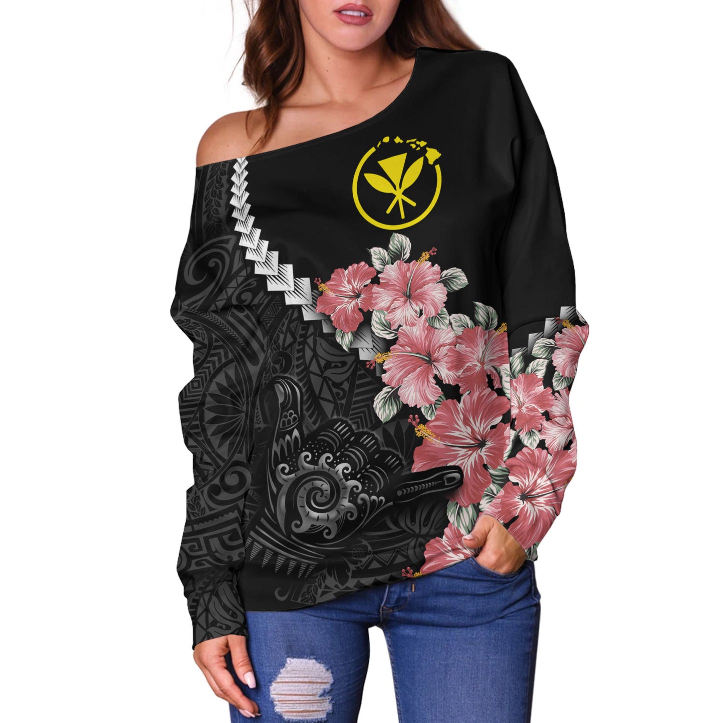 Hawaii Off Shoulder Sweatshirt Shaka Hand Tropical Flowers Polynesian Designs