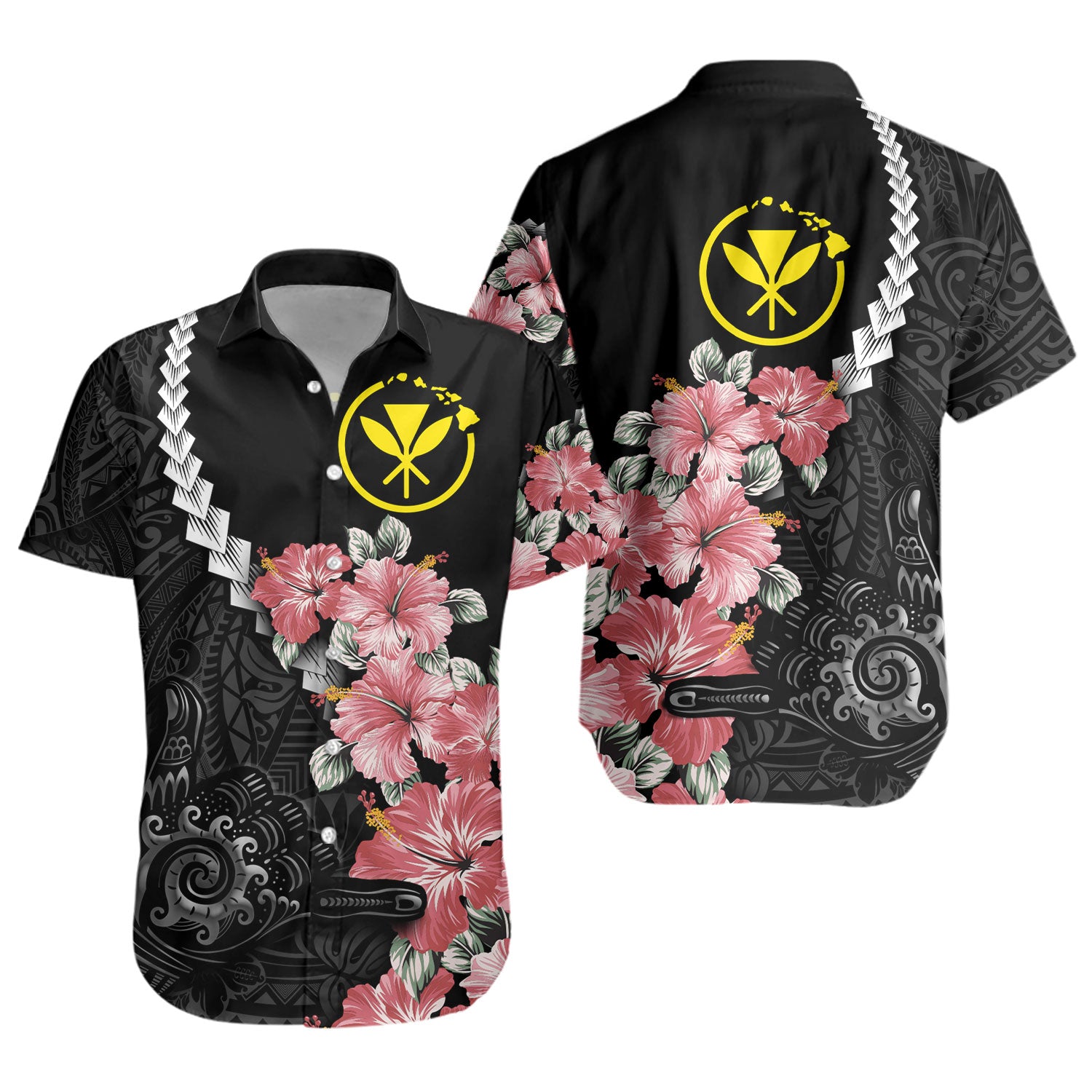 Hawaii Short Sleeve Shirt Shaka Hand Tropical Flowers Polynesian Designs