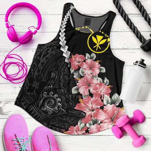 Hawaii Women Tank Shaka Hand Tropical Flowers Polynesian Designs