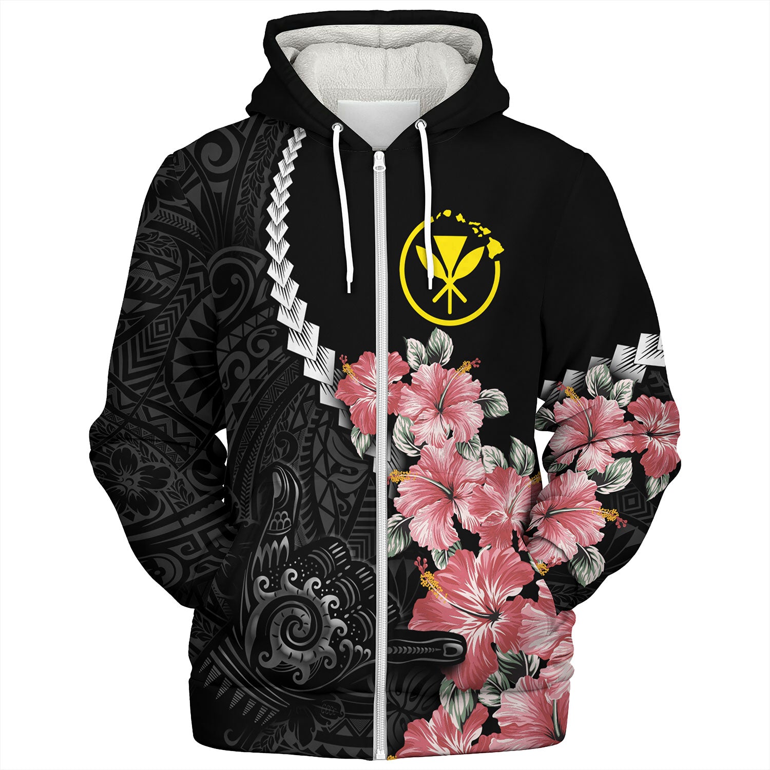 Hawaii Sherpa Hoodie Shaka Hand Tropical Flowers Polynesian Designs