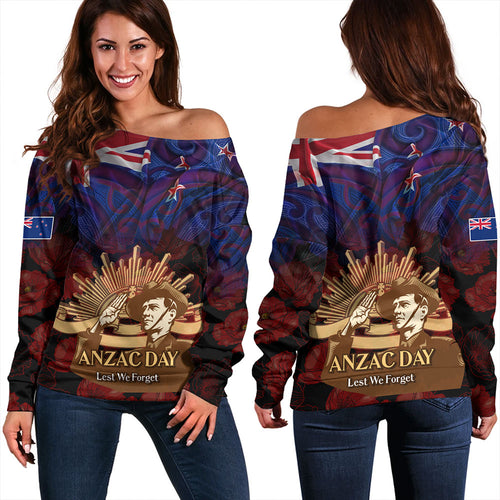 New Zealand Off Shoulder Sweatshirt - Anzac Soldier Maori Patterns