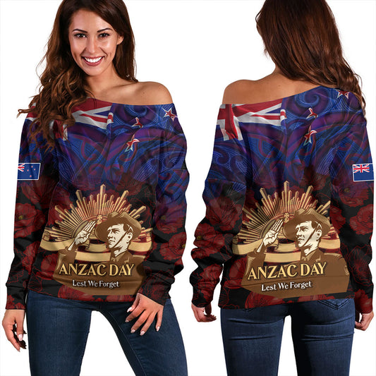 New Zealand Off Shoulder Sweatshirt - Anzac Soldier Maori Patterns
