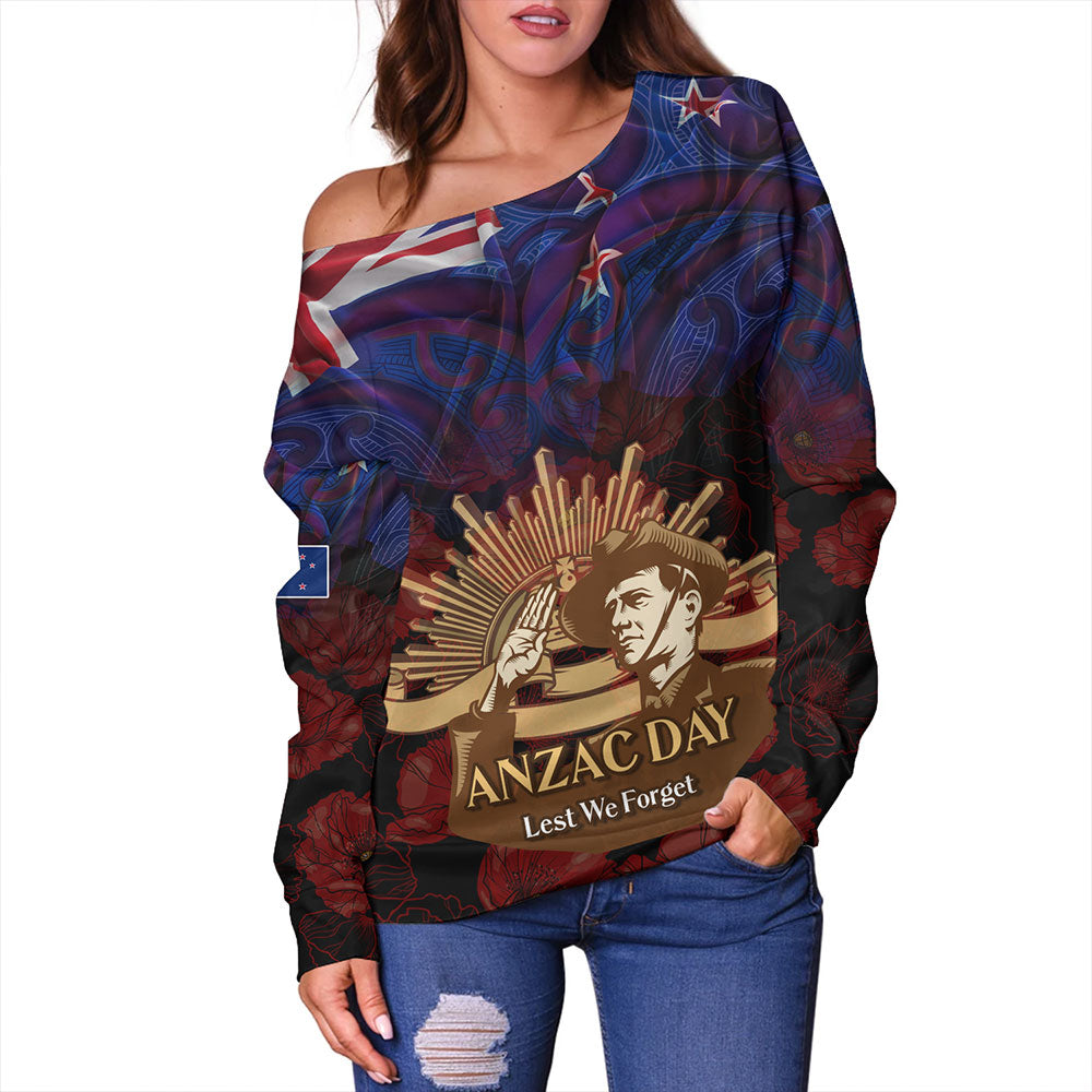 New Zealand Off Shoulder Sweatshirt - Anzac Soldier Maori Patterns
