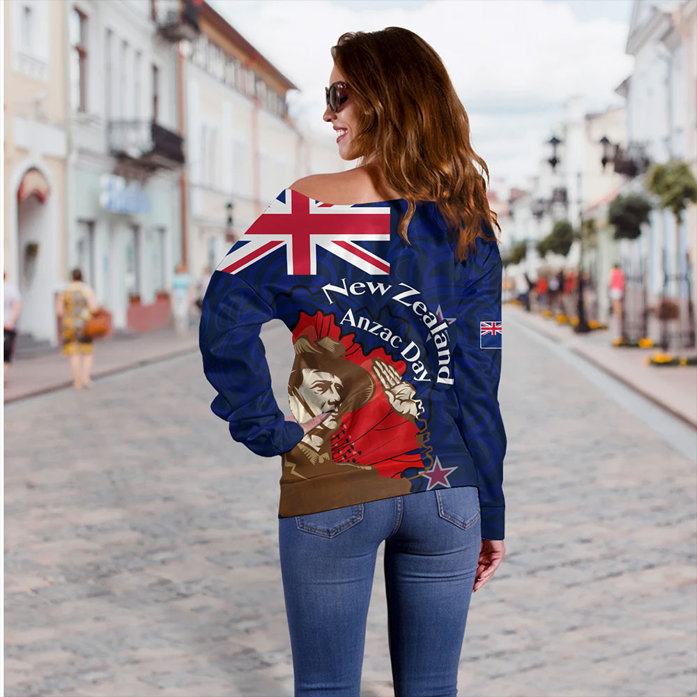 New Zealand Off Shoulder Sweatshirt - FLag Anzac Day Maori Patterns
