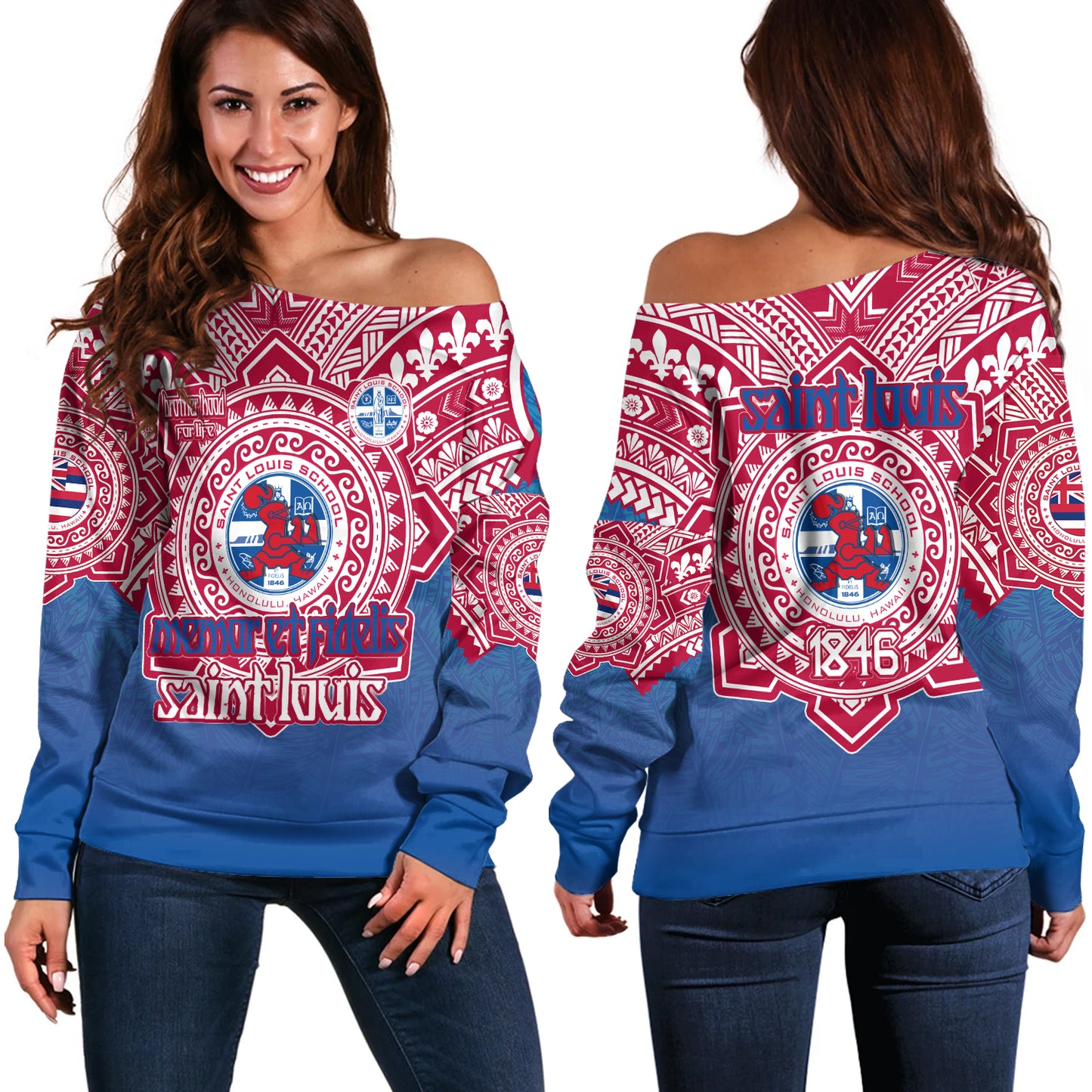 Hawaii Off Shoulder Sweatshirt Custom Saint Louis School Memor et Fidelis Brother Hood For Life Tribal Style