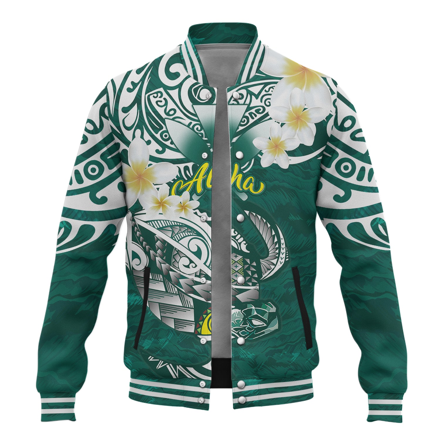 Hawaii Baseball Jacket Polynesian Honu With Plumeria Tropical Ocean Wave