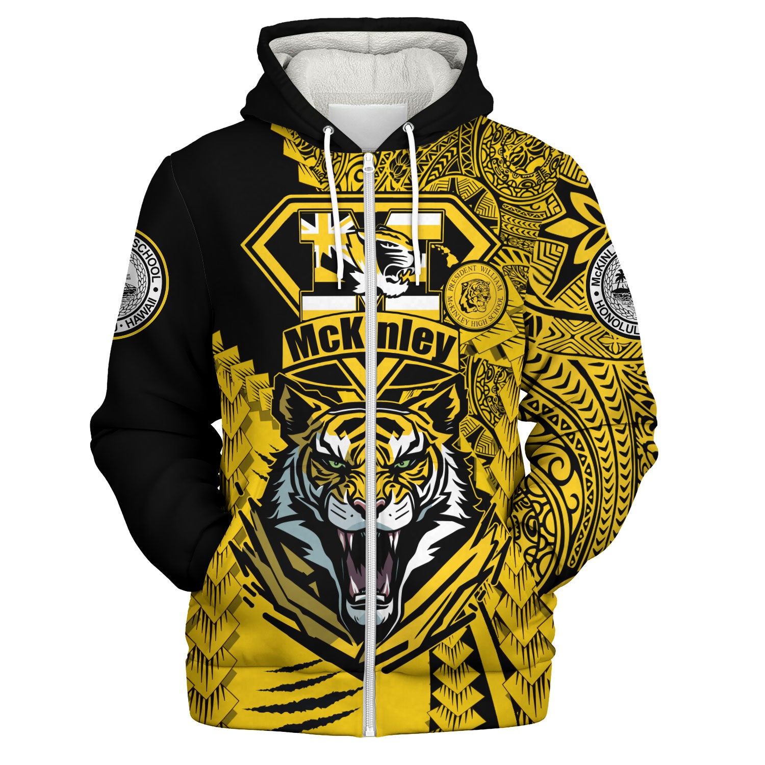 Hawaii Sherpa Hoodie Custom McKinley High School Tigers Black and Gold Polynesian Style