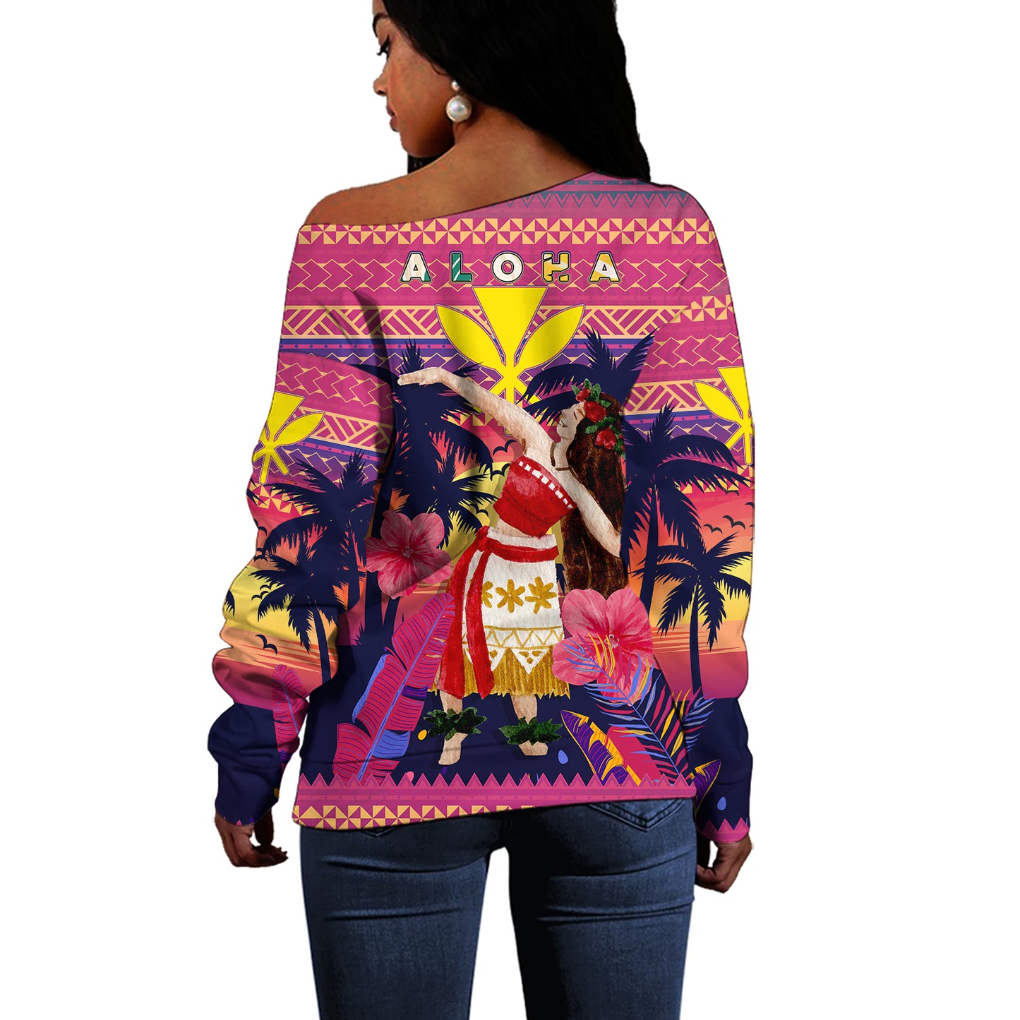Hawaii Off Shoulder Sweatshirt Custom Aloha Hula Girl Dancing In Tropical Palm Trees At Sunset Kakau Style