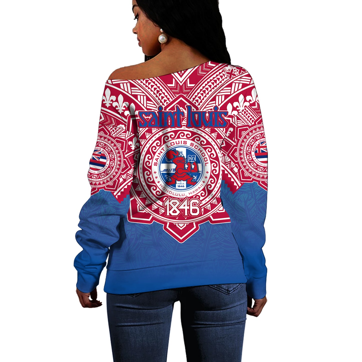 Hawaii Off Shoulder Sweatshirt Custom Saint Louis School Memor et Fidelis Brother Hood For Life Tribal Style