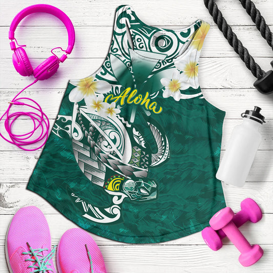Hawaii Women Tank Polynesian Honu With Plumeria Tropical Ocean Wave