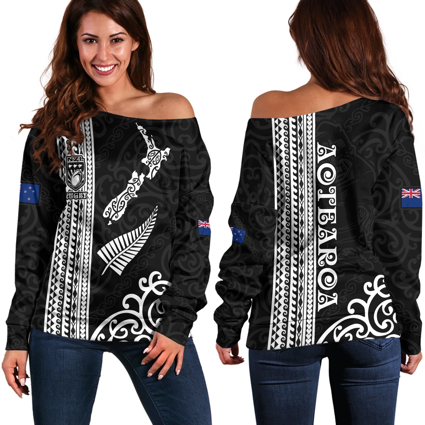 New Zealand Off Shoulder Sweatshirt Custom NZ Rugby Silver Fern And Map Maori Tribal Black Jersey
