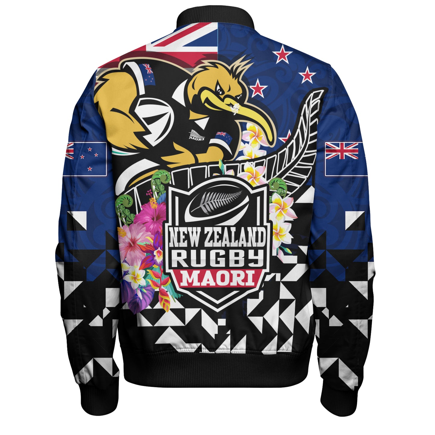 New Zealand Bomber Jacket Custom Maori Kiwis Rugby Silver Fern Black Hexagon Tropical Jersey