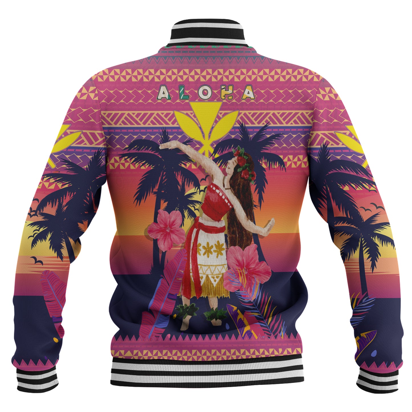 Hawaii Baseball Jacket Custom Aloha Hula Girl Dancing In Tropical Palm Trees At Sunset Kakau Style