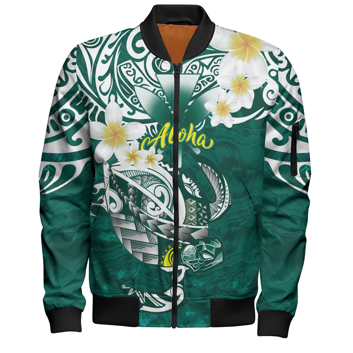 Hawaii Bomber Jacket Polynesian Honu With Plumeria Tropical Ocean Wave