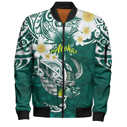 Hawaii Bomber Jacket Polynesian Honu With Plumeria Tropical Ocean Wave