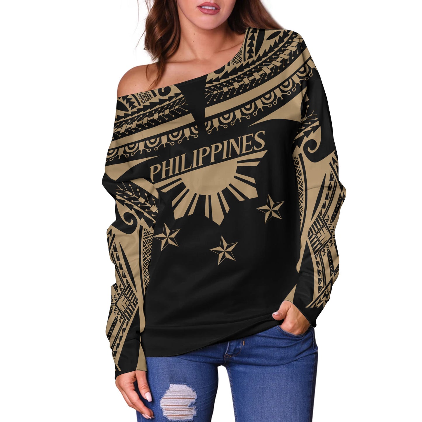 Philippines Filipinos Off Shoulder Sweatshirt Filipinos Sun Tribal Tattoo Gold Color Style