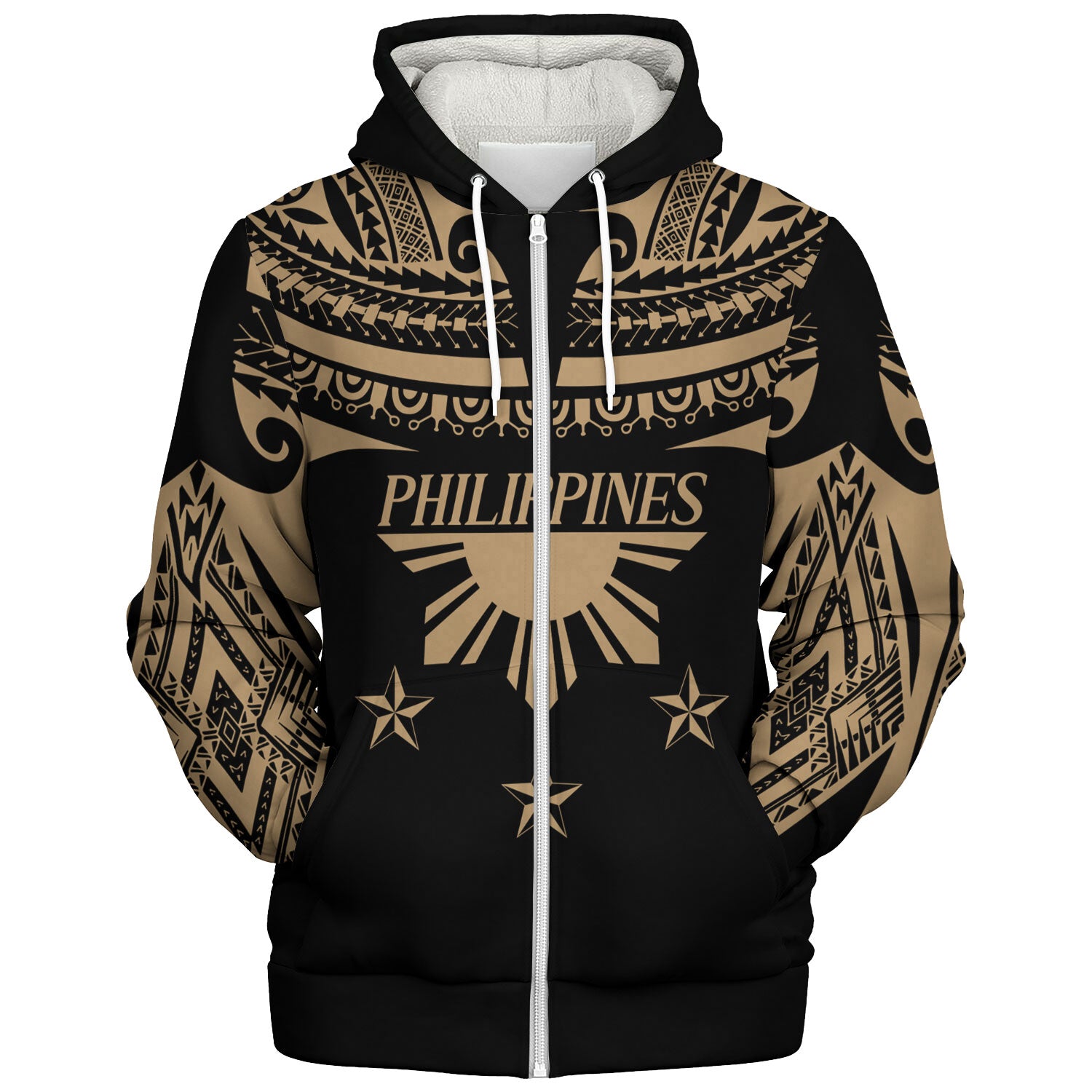 Philippines Filipinos Sherpa Hoodie Filipinos Sun Tribal Tattoo Gold Color Style
