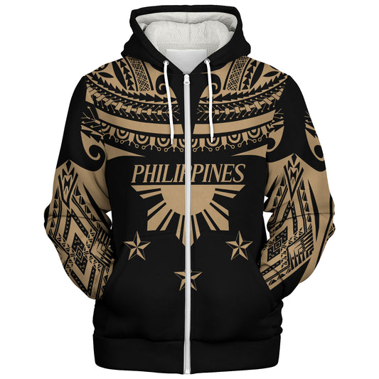 Philippines Filipinos Sherpa Hoodie Filipinos Sun Tribal Tattoo Gold Color Style