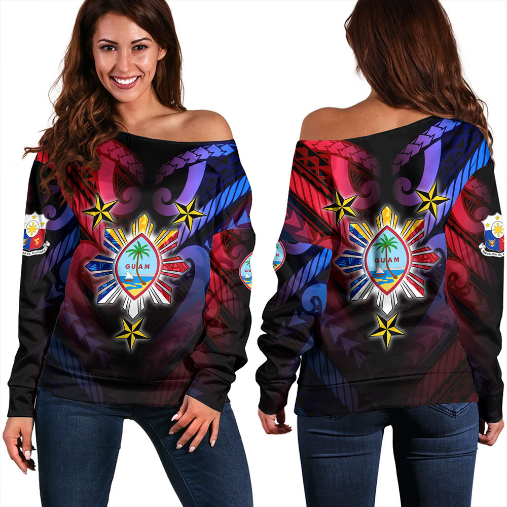 Philippines Off Shoulder Sweatshirt - Guam Seal With Philippines Sun And Stars