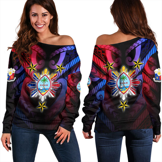 Philippines Off Shoulder Sweatshirt - Guam Seal With Philippines Sun And Stars