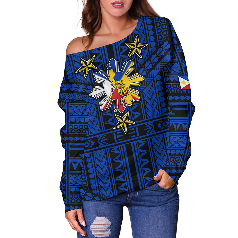 Philippines Off Shoulder Sweatshirt - Filipino Sun And Stars Tribal Tattoo Patterns Style